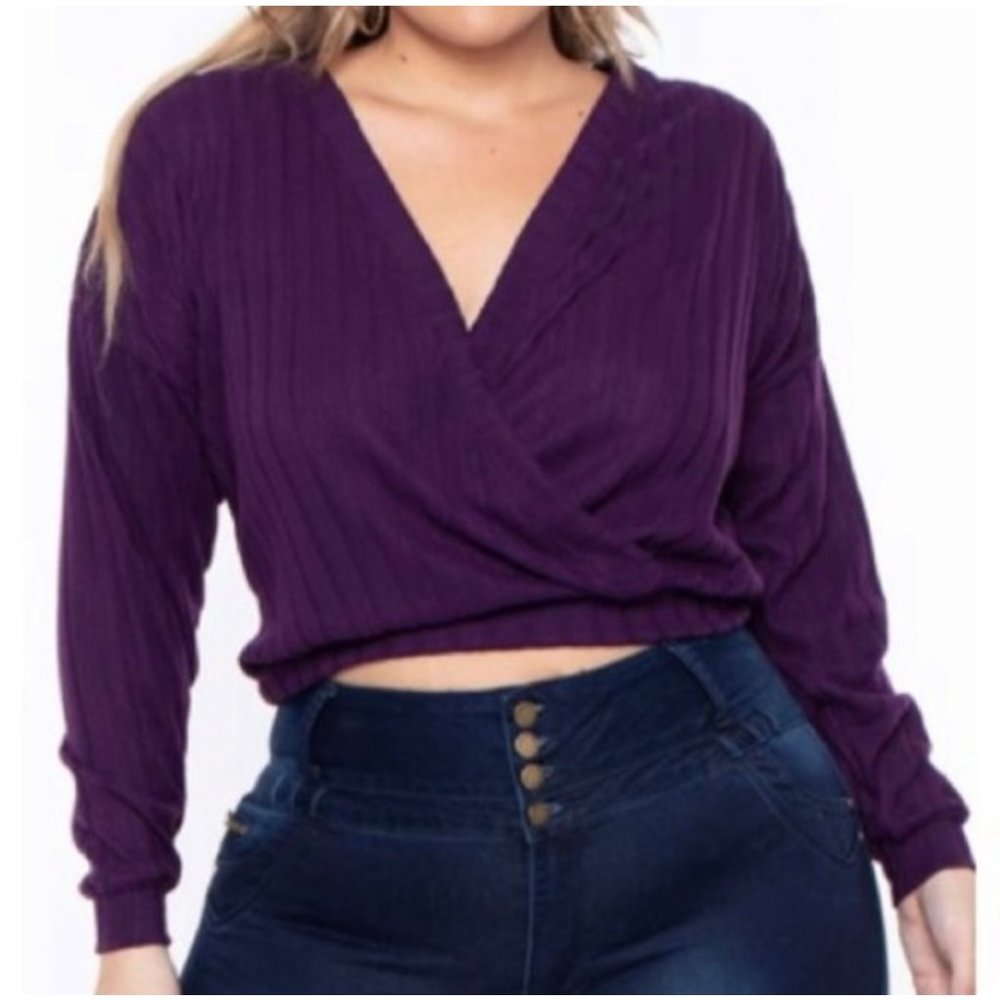 Curve Sense Wide Ribbed Surplice Long Sleeve Sweater Top NEW WITH TAGS
